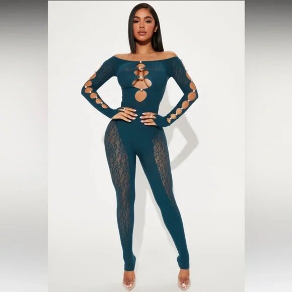 Fashion Nova Pants - NWT Fashion Nova Sierra Teal Pearl Embellished Seamless Jumpsuit One Size